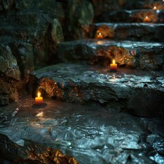 Candles light stone steps, dark cave, fantasy setting, game background