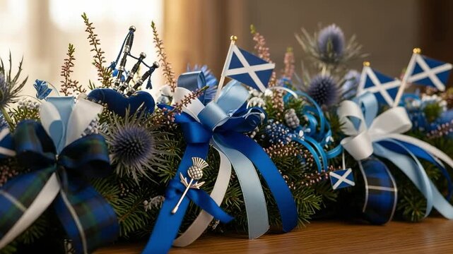 A festive Scottish centerpiece decoration with Saltire flags, thistles, bagpipes, and tartan ribbon bows.