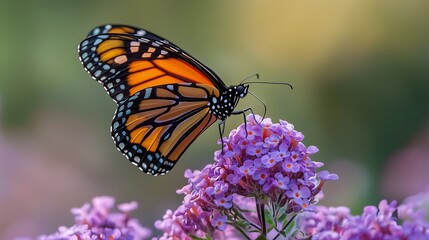Fototapeta premium Vibrant monarch butterfly perched on a cluster of purple flowers, wings spread to show orange, black and white patterns, with clear details of body and antennae, soft green-brown gradient background