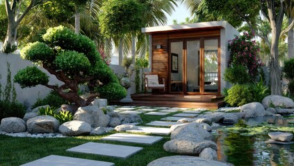 Backyard haven Modern shed with wooden facade sits nestled amongst lush greenery, stepping stones, and a tranquil pond
