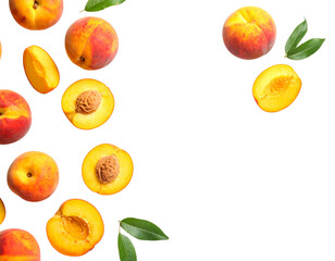  Top View of Whole and Sliced Peaches with Leaves, isolated on transparent background PNG