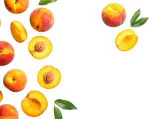  Top View of Whole and Sliced Peaches with Leaves, isolated on transparent background PNG