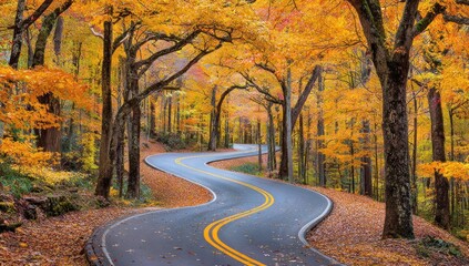Winding road through vibrant autumn forest. Yellow leaves arch overhead. Road is lined with fallen foliage. Warm colors dominate