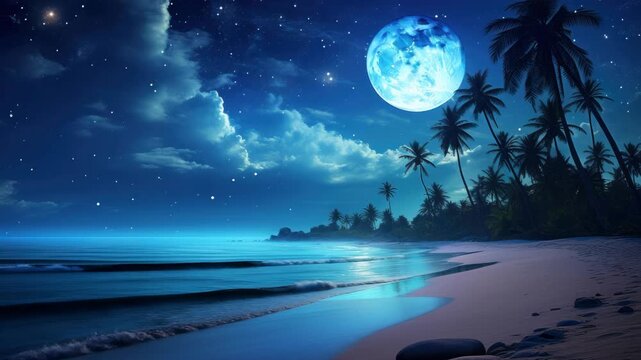 A serene night beach scene with a full moon and palm trees, captured from a low angle. Perfect for a calming video backdrop. Live desktop wallpaper.