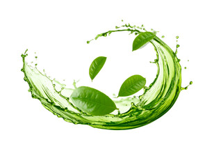  Dynamic Green Tea Splash Wave with Floating Leaves, isolated on transparent background PNG
