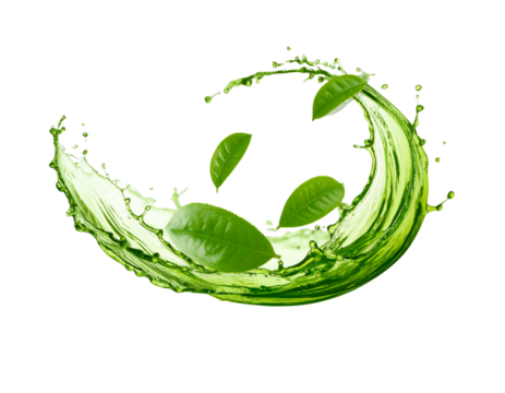 Dynamic Green Tea Splash Wave with Floating Leaves, isolated on transparent background PNG