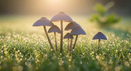 Enchanting mushrooms bask in the warm glow of morning light in a dewy meadow