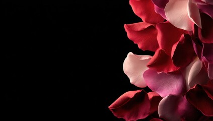 Naklejka premium A cascade of layered rose petals in varying shades of red and pink against a stark black backdrop. Soft lighting creates subtle shadows and highlights the delicate texture