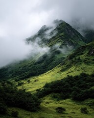Misty Mountain Valley Landscape, Green Hills, Cloudy Sky, Nature Background, Travel Poster