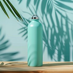 Mint water bottle on wood, tropical backdrop