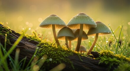 Fototapeta premium A Serene Forest Floor Scene with Mushrooms Moss and Morning Dew Capturing Nature's Beauty