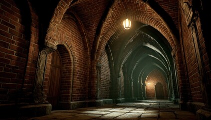 Dimly lit corridor with brick arched ceilings, stone floor, and a single lantern casting light. The perspective leads into the distance, showcasing the repetition of the arches