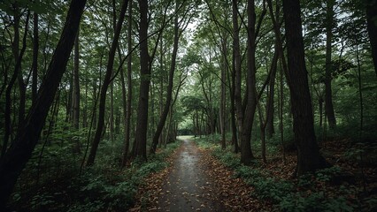 Obraz premium Photo of a scenic path winds through a dense forest with lush green trees creating a peaceful and serene natural landscape