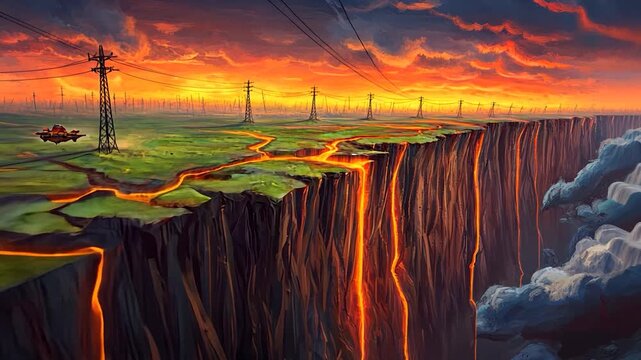Lava flows down a vast chasm in a surreal landscape under a fiery sunset, with power lines and a small vehicle traversing the plateau
