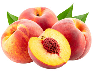 Peach Fruit Trio with Half Slice and Leaves in Natural Arrangement, isolated on transparent background PNG
