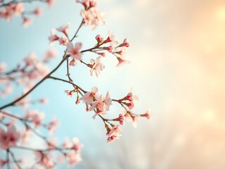 Soft-focus close-up background of delicate pink cherry blossom branches blooming in springtime, creating a romantic seasonal wallpaper perfect for floral, nature, and botanical-themed designs
