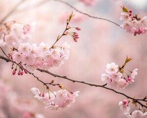 Soft-focus close-up background of delicate pink cherry blossom branches blooming in springtime, creating a romantic seasonal wallpaper perfect for floral, nature, and botanical-themed designs
