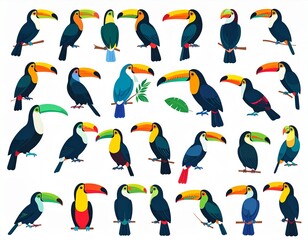 Toucan tropical bird icons set. Flat set of toucan tropical bird vector icons 