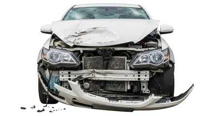 Damaged car front white sedan broken windshield crumpled hood exposed engine accident aftermath isolated on white background vehicle collision dramatic impact