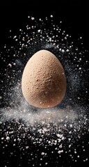 Egg exploding, dust cloud, dark background, food photography, recipe illustration