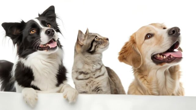 Portrait of two friendly dogs and a cute cat sitting together on a white background.