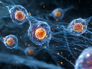 Microscopic view of interconnected cells showing vibrant structures.