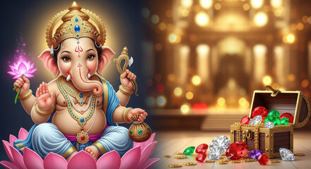 Fototapeta premium Hindu deity Ganesha sitting on pink lotus flower, holding lotus and sweets, with glowing aura, next to treasure chest filled with colorful jewels and gold coins in temple setting