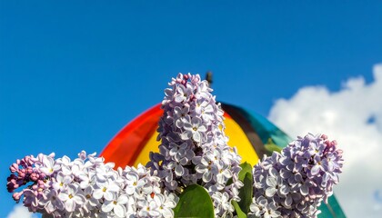 Lilac blossoms under a rainbow umbrella against a clear sky