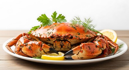 Freshly Cooked Whole Crab with Lemon and Herbs on White Plate