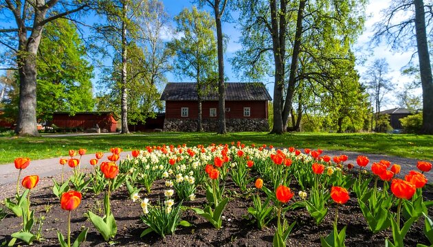 Springtime park scene with colorful tulips