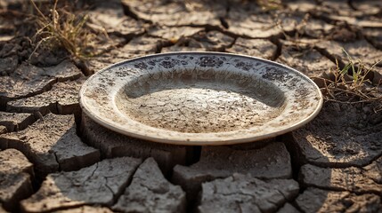 A rural scene showing an empty plate placed on dry cracked earth symbolizing drought and hunger