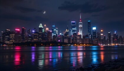 Obraz premium Night city skyline with neon lights and reflections