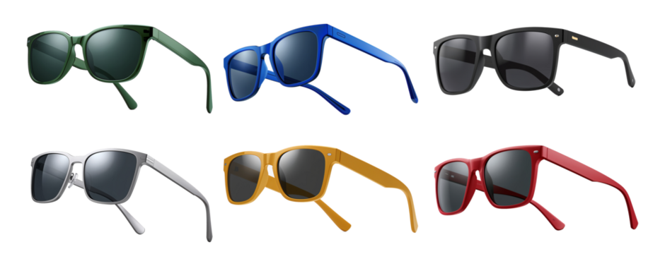 set of colorful pairs of stylish sunglasses featuring diverse modern frames perfect for summer fashion.