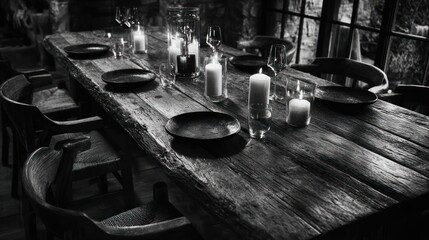 A rustic wooden dining table, set for a meal, is lit by candlelight in a dimly lit room. The aged wood shows its character and texture