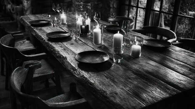 A rustic wooden dining table, set for a meal, is lit by candlelight in a dimly lit room.  The aged wood shows its character and texture