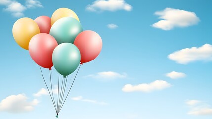Pastel Balloons Floating in Blue Sky with Clouds Background Illustration