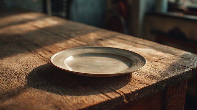 A single empty plate on a worn wooden table in a dimly lit kitchen evoking loneliness and hunger real photo stock photography