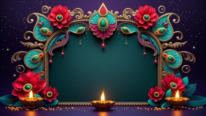 Decorative Floral Frame with Diya Lamps on Festive Background for Celebration Greeting, AI-Generated