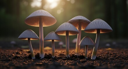 Fototapeta premium Enchanting Mushroom Grove Bathed in Golden Sunlight, Woodland Magic Mushroom Kingdom
