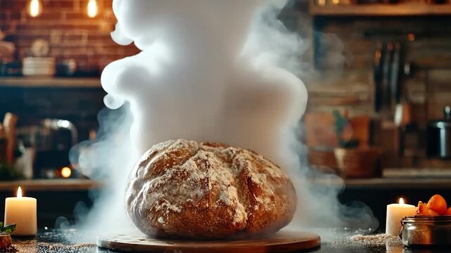 Freshly baked bread steaming with clouds of vapor in a rustic kitchen