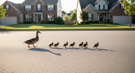  Goose leading its goslings on a street in suburban area