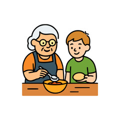 Elderly woman and young boy making food, sharing recipe and cooking experience in cozy home kitchen environment