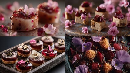 and keyword list based on the image you provided

 Sweet Small Desserts Garnished with Edible Flowers on Plates and Wooden Serving Trays