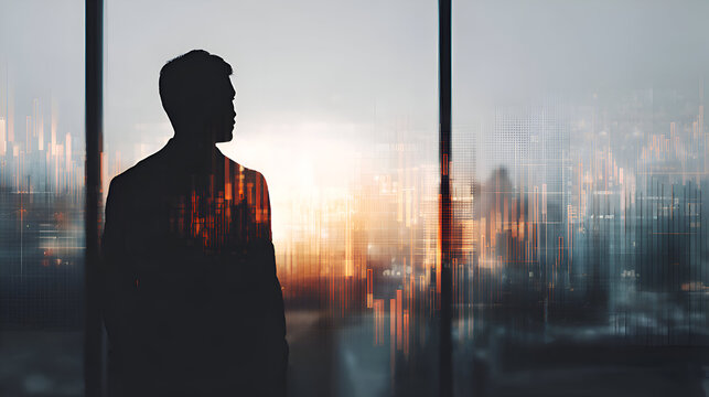 A businessman's silhouette looks over a city with financial charts overlaid. The visionary scene is perfect for themes of stock trading, investment, and financial technology.