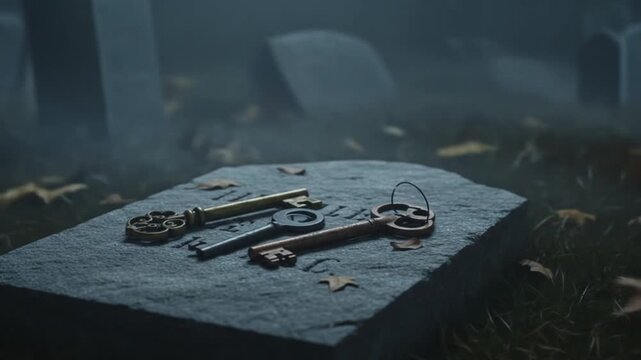 Three antique keys resting on a weathered tombstone in a foggy and mysterious graveyard setting