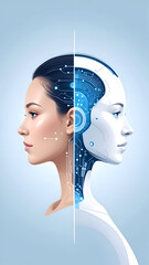 Woman with Robot, AI, Split Face, and Digital.