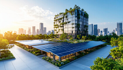 Stunning modern building with solar panels and lush greenery in a vibrant city, showcasing sustainable architecture and eco-friendly urban design, ideal for green energy initiatives