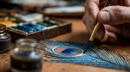 Fototapeta premium Close up of a hand painting a peacock feather using watercolors with desk and tools