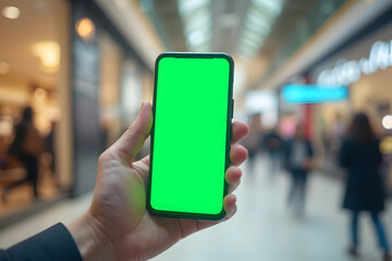Holding Smartphone with Green Screen in Shopping Mall Hand Using Mobile Phone