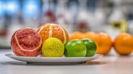 Close-up of vibrant genetically modified fruits and vegetables arranged on a white surface, symbolizing modern agriculture and biotechnology advancements in food production.